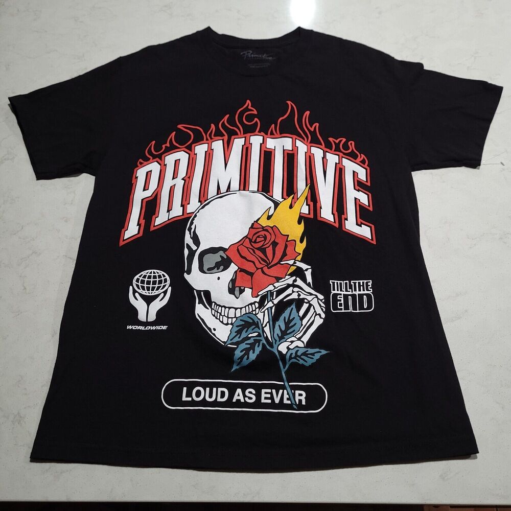 Primitive Skateboarding Loud As Ever Flaming Skull Rose Black T Shirt Large NWOT